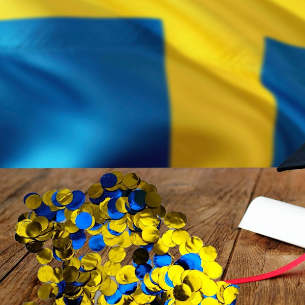 Elegant Blå og Gull Konfetti for Studenterfeiring – Perfekte Festdekorasjoner for Eksamen, Sankthans og Nasjonaldag
