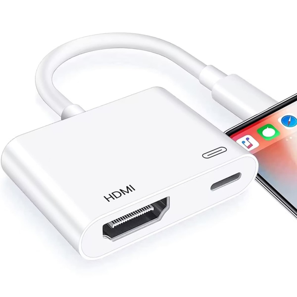 Lightning till HDMI-adapter [Apple MFi-certifierad], ingen power behövs 1080P-skärmkonverterare med Lightning-laddningsport, iPhone till HDMI-adapterkompatibel A