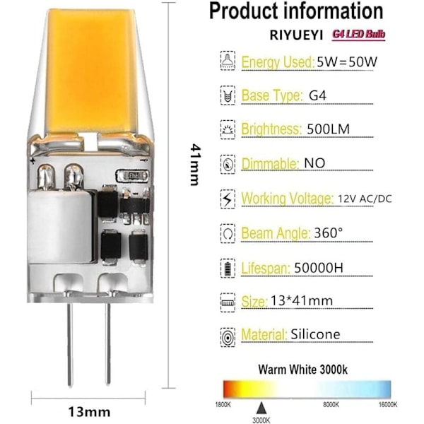 G4 LED-pære AC/DC 12V 5W LED-lamper G4 Varm hvid 3000K Lyskildefast svarende til 50W halogenpære 360° strålevinkel Ingen flimmer, 6-pak, Varm hvid