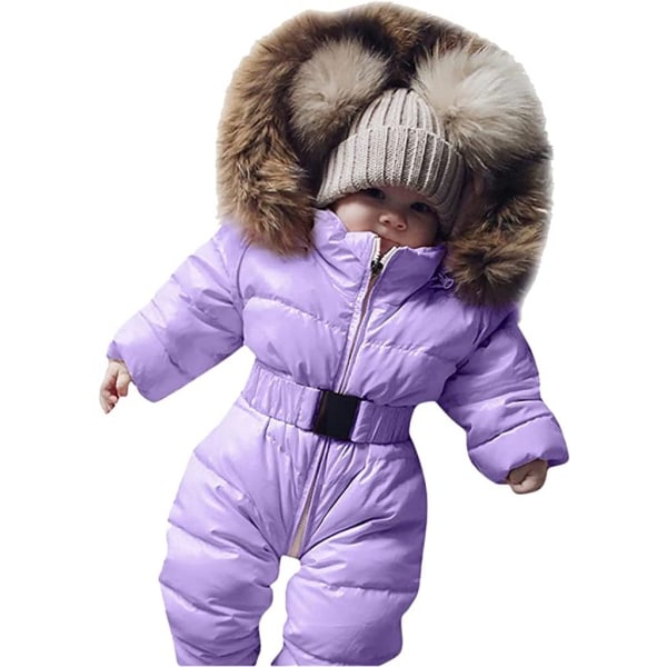 Baby vinter jumpsuit med hætte Romper Snowsuit Down Ski Suit Romper Drenge Piger Langærmet Jumpsuit Varme Outfits Gave Outfits til Lila 90 cm