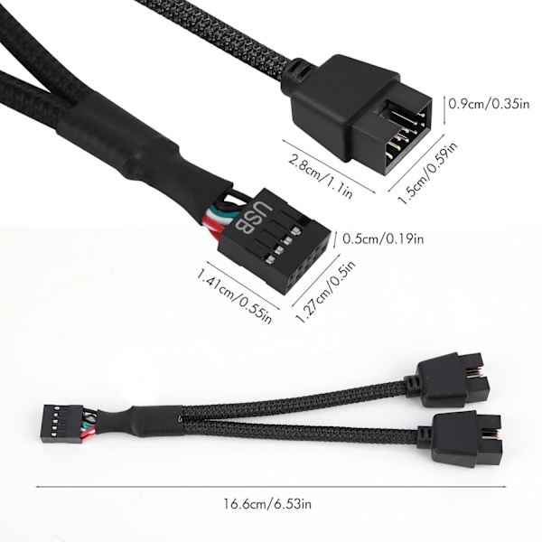 USB-header splitter, 2 st USB 2.0 9-pin hona till dubbel 9-pin hane förlängningskabel, moderkort 9-pin USB2.0-header splitter i nylonfläta
