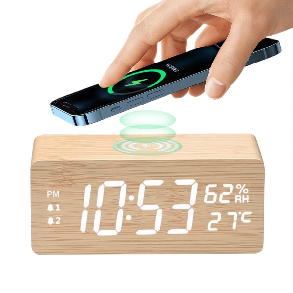 Multifunktionel 15W hurtig opladning af træ temperatur og fugtighed trådløs opladning LED snooze vækkeur kreativt elektronisk ur - julegave Bamboo color