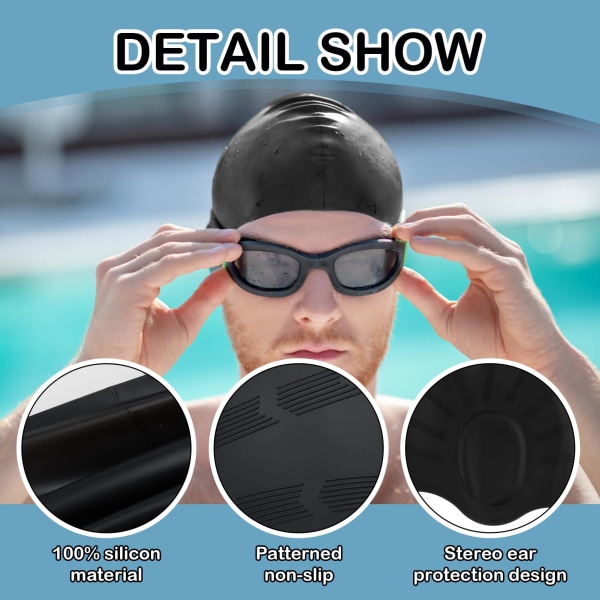 3D cap: vattentät silikonhörselskydd för män, kvinnor och barn, perfekt för kort och långt hår, perfekt cap för pool och strand black