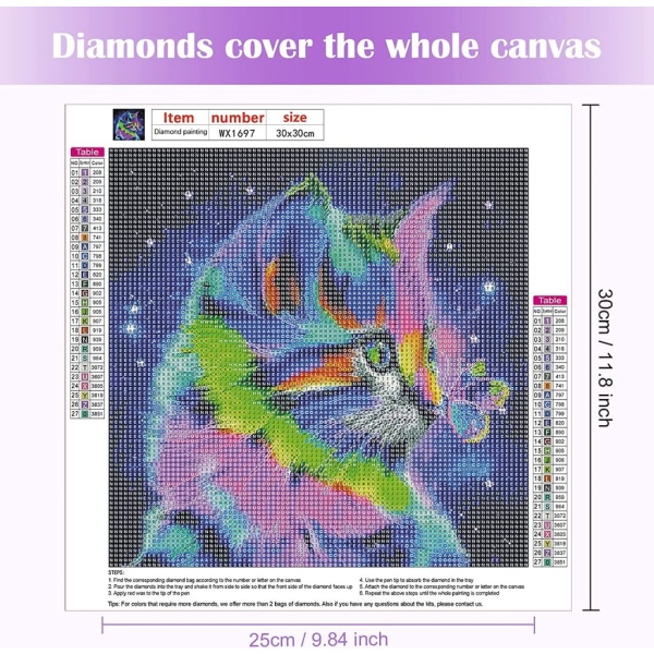 5D Diamond Painting Cat, DIY Cat Diamond Painting Pictures Djur Set 30x30cm Katt och fjäril