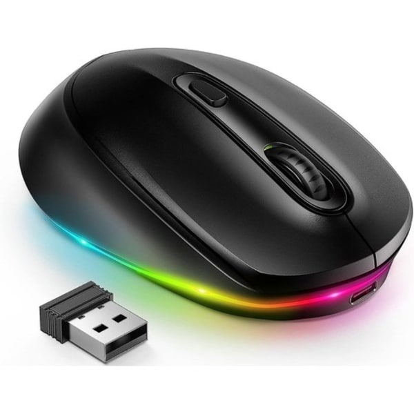 Trådlös LED-mus, trådlös USB mus för uppladdningsbar dator, Justerbar Dpi, Tysta LED-regnbågsljus för PC-spel, Ambidext