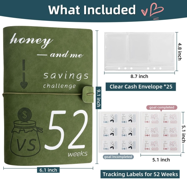 Läder 52 veckors Money Saving Challenge Pärm, Money Saving Challenge Book med kuvert för att spara pengar Budget Pärm Planner Book med Cash Envelop green