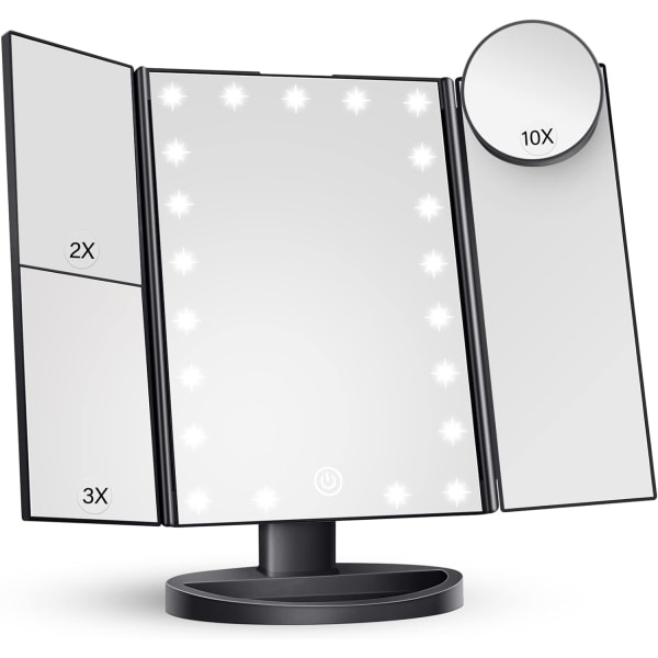 Kosmetisk speil med lys 2X 3X 10X forstørrelse opplyst kosmetisk speil berøringskontroll tri-fold kosmetisk speil dobbel strømforsyning gave til kvinner black