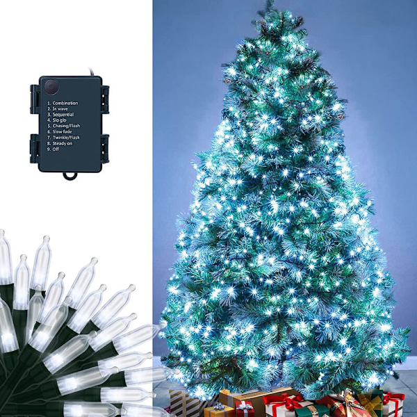 Pakke med 2 juletræslys, kold hvid, 10m, 100LED, udendørs, indendørs, batteridrevet, vandtæt, 8 lystilstande, dekoration til jul, P