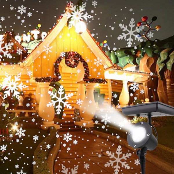 Snowflake Projector Utendørs julelys Laser LED Solenergi Hvit Lampe Vit