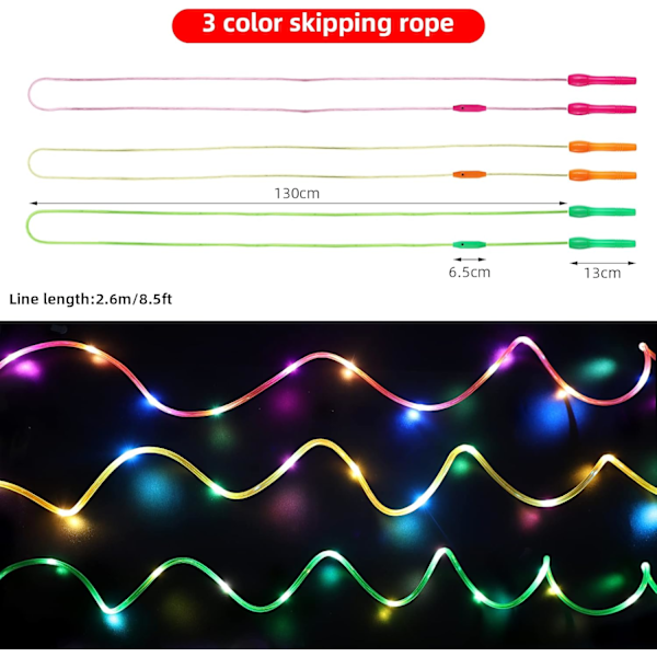 Sett med 2 LED-hopptau, justerbar lengde og tre lysmoduser hopptau for barn, lysshow, fitness