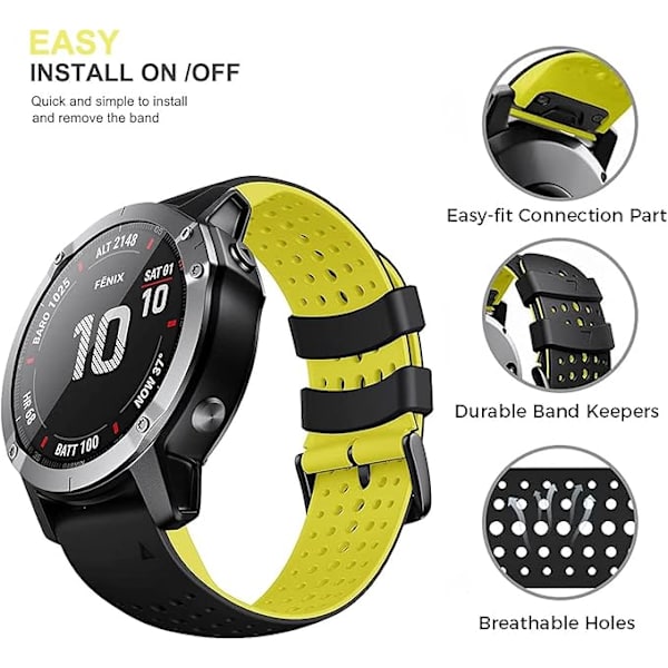 Quickfit 26 mm silikone blødt sportsvandtæt åndbart armbånd til Garmin Fenix 5X Plus, Fenix 6X Pro/safir, Enduro, Tactix Bravo Svartgul