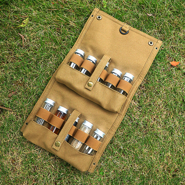 Bärbar kryddpåse med 10 kryddburkar Canvas Spice Organizer Kryddflaskhållare med kryddflaskset ArmyGreen