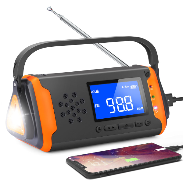 Solar Radio Emergency Wind Up Radio Käsikammen AM FM-radio kirkkaalla taskulampulla, SOS-hälytys, AUX-musiikkisoitin, 4000 mAh power , iso LCD-näyttö Europeisk version