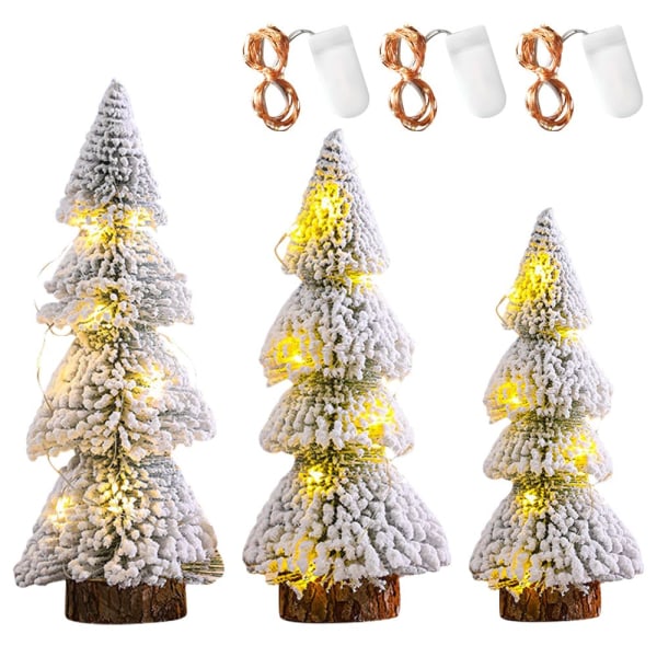 Juletræ Mini kunstigt 3 stk Mini juletræer med træbund Kunstigt miniaturetræ med sneeffekt 3 st