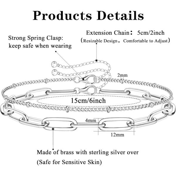 925 Sterling Sølv Lås Papirclips Kæde Armbånd 14K Hvidguld Belagt Solid Diamantskåret Papirclips Kæde Kvinder Armbånd Justerbar Lagdelt Be 2pcs