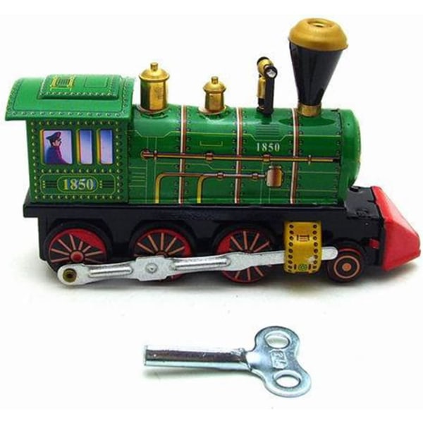 Legetøj, vintage oprulningslegetøj, togoprulningslegetøj, urlegetøj, grønt lokomotivlegetøj, legetøjslokomotiv, modeljernbanelegetøj grönt lok