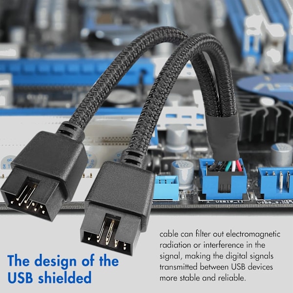 USB-header splitter, 2 st USB 2.0 9-pin hona till dubbel 9-pin hane förlängningskabel, moderkort 9-pin USB2.0-header splitter i nylonfläta