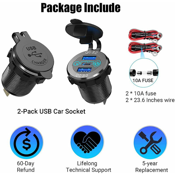 3.0 PD3.0 Trippel USB-billader 12V 24V 60W USB-C Multilader med strømbryter for båt, lastebil, bobil