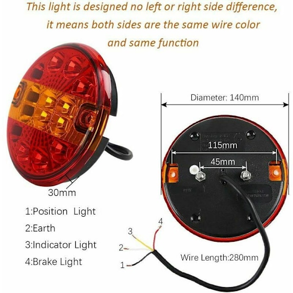 2 stk. 12/24V LED-baglygter til trailer Rund belysning Hamburg til lastbil campingvogn (rød & gul, rund)