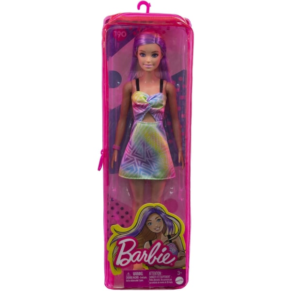 Barbie Fashionistas Doll #190 med lilla stripet blondt hår, buksekjole, gule sneakers og armbåndstilbehør