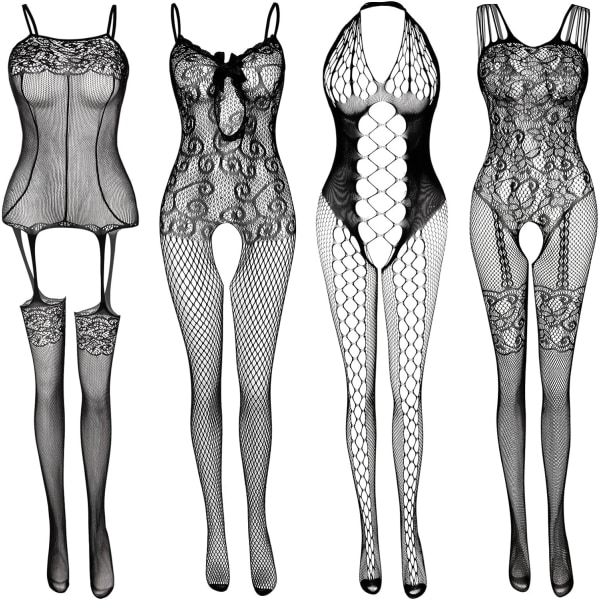 Fishnet Alusvaatteet naisille Fishnet Bodysuit Pitsi Bodysuits Sexy Babydoll Nightwear (4 pakkaus) 1 set