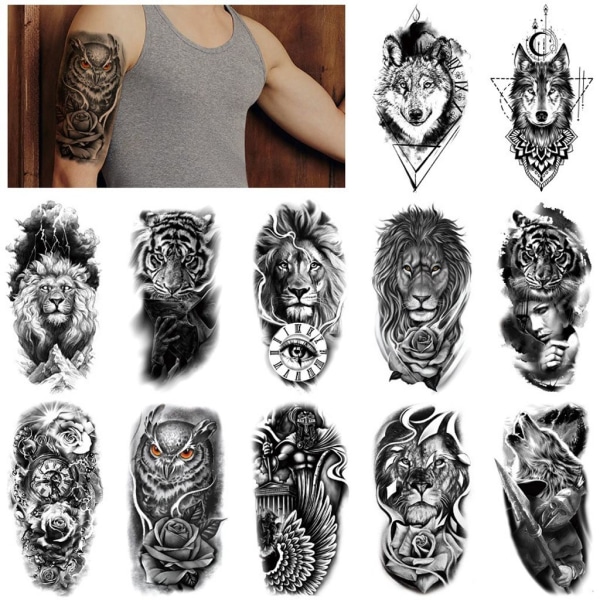 12 arkkia Wolf Lion väliaikaiset tatuoinnit miehet naiset käsivarsi, väliaikainen 3D tatuointi aikuiset lapset kaula, musta pelottava pääkallo Halloween väärennös Ta