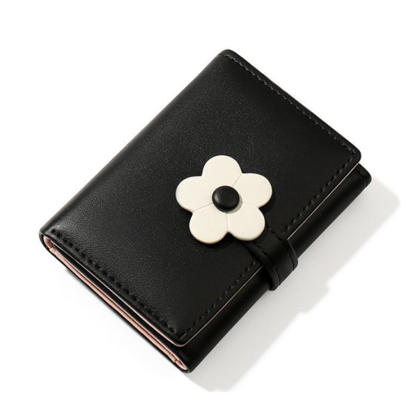 Miniplånbok Läder Liten plånbok Dam Söt plånbok Polyuretan Trippelvikt plånbok Blommönster Print Plånbok med ID Windo Svart