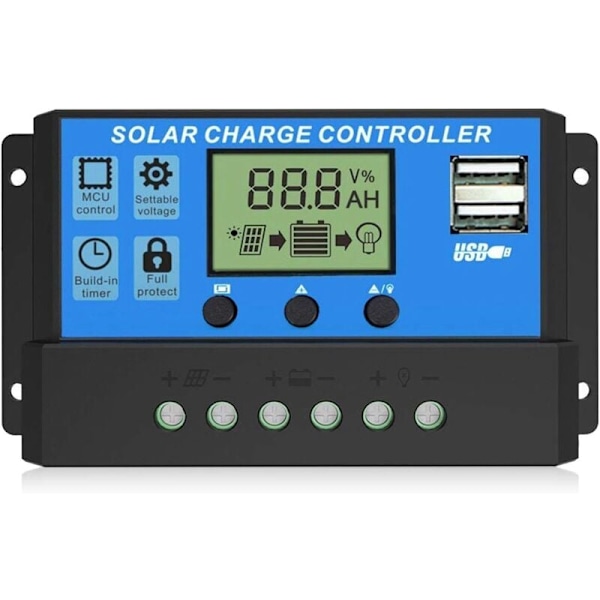 Solcelleladningsregulator, Dobbelte USB-porte Intelligent Solpanel Batteriregulator, Multifunktionel Justerbar LCD-skærm Gadelampecontroller, 12V