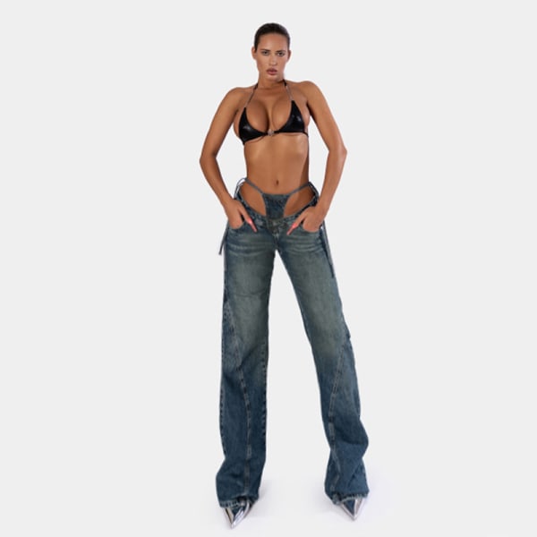 V-formad rem med hög midja, lösa, raka, enkla, grundläggande och mångsidiga jeansbyxor för kvinnor blå M
