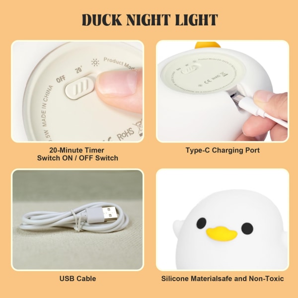 Dodo Duck LED nattlampa - söt silikonankalampa för sovrum, vardagsrum - uppladdningsbar, peksensor sängbordslampa white