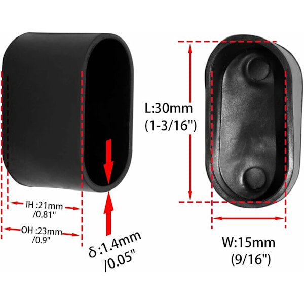 100-pack Mjuka Ovala PVC-ändstycken för Stolar, Bord, Möbelben 15 x 30 mm (19/32\" x 1-3/16\"), Svart