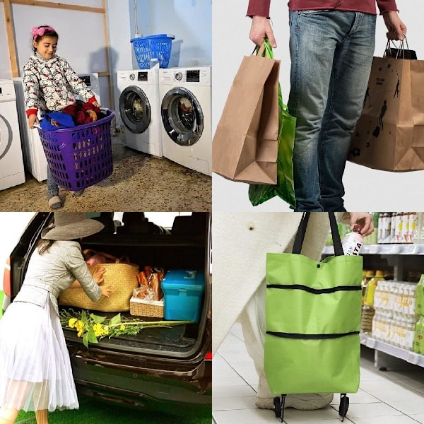 Ostoskassi pyörillä, kokoontaitettava pieni ostoskärry, vedettävä, kannettava, suuri kapasiteetti, kassi kotiin ja supermarketiin