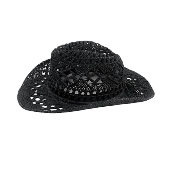 Cowboyhat i strå med bred skygge, hul solhat Black