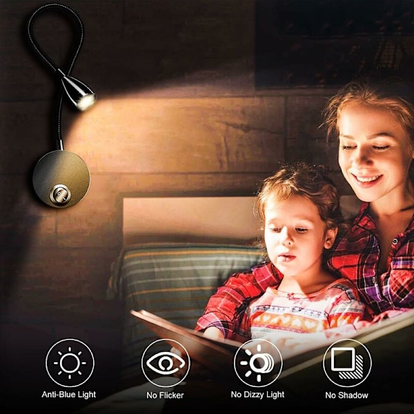 Væglampe Sengelampe 2-pak Lamper Applique Stige LED Svanhalslampe 3W, 3000K Hvid varm stavemåde