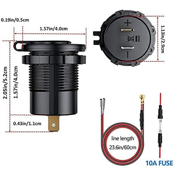 2X USB PD Type C & QC 3.0 Autolaturi 12V Pistorasia ON/OFF-kytkimellä moottoripyörälle, matkailuautolle, mönkijälle, punainen