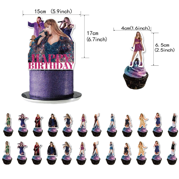 Taylor Singer Tårtdekorationer, Cupcake Toppers för Swift Birthday Party Supplies 25 st kort
