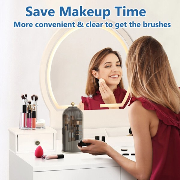 Makeupbørsteholder med låg, 360 graders roterende støvtæt gennemsigtig makeupbørsteholder til toiletbord, badeværelsesskab og bordplade
