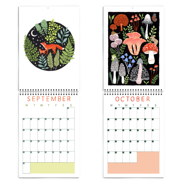 2024 Illustrerad Väggkalender - Djur & Blommor Svampkalender Naturligt landskap Intressant växtkalender 2024 Hängbar månadsväggkalender mushroom calendar