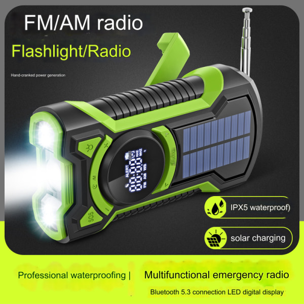Vattentät handvevad nödradio multifunksjonell solar bluetooth-högtalare bärbar stridsberedskapsradio grön