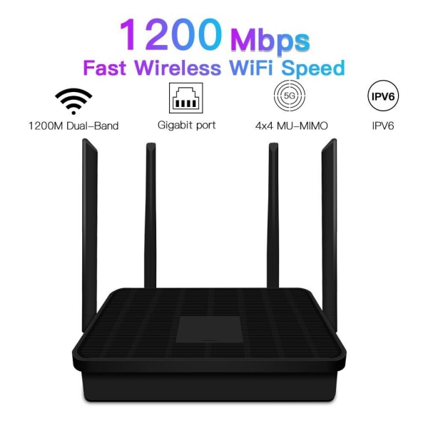 1200 Mbps WiFi-router Dual Band 2,4G/5Ghz WiFi 5 Gigabit trådlös Internet-router (EU-kontakt) black