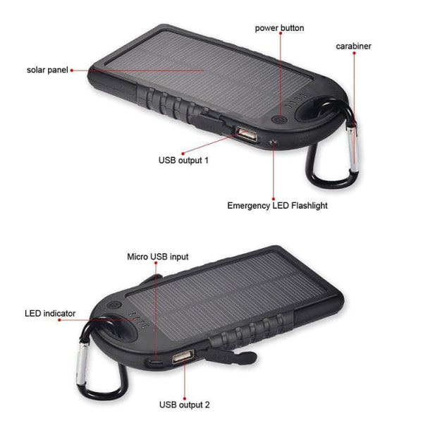 5000mAh Solar Power Bank Bärbar reservladdare Externt batteri Dubbel USB för iPhone Android MP4 PSP iPad black