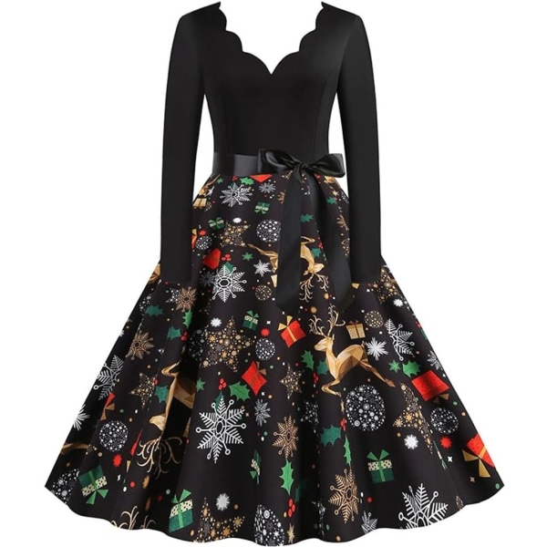 Julekjole for kvinner, langermet nyttårsaften maxi kjoler, A line, vintage festkjole, juletrykt cocktailkjole, A01 XL