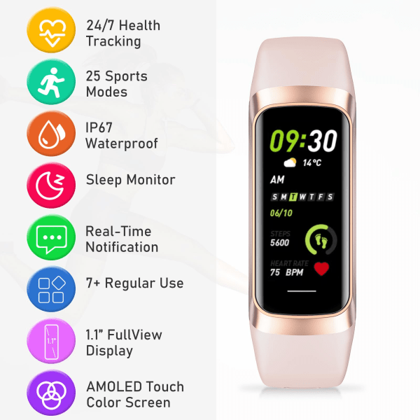 Fitness Tracker Smart Watch, Aktivitetsspårare med 1,1" AMOLED Touch Color Screen, Vattentät Step Tracker för Android iPhones Pink