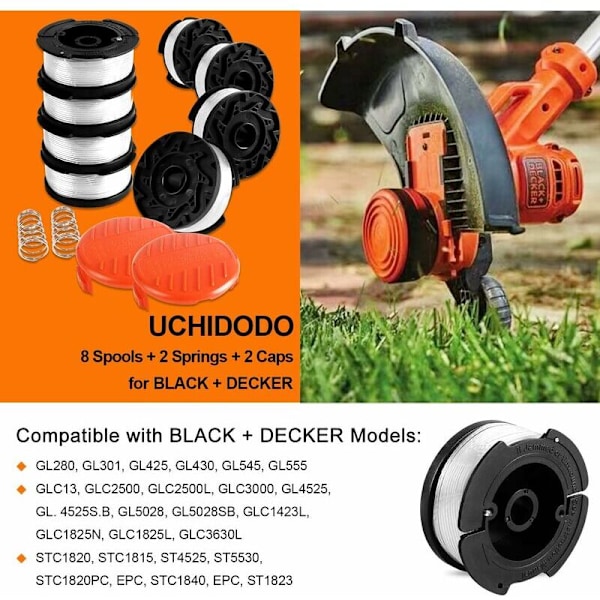 Siimatrimmerin siimapuola Black and Decker -siimatrimmereille, 8 leikkurisiimapuola 2 puolakotelolla ja 2 jousella