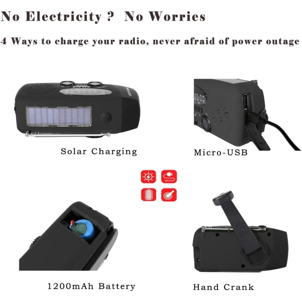 Bärbar nödradio, Wind Up Solar Radio Handvevsdriven väderradio med AM/FM-tuner, USB telefonladdare, ljus LED-ficklampa för hemmet