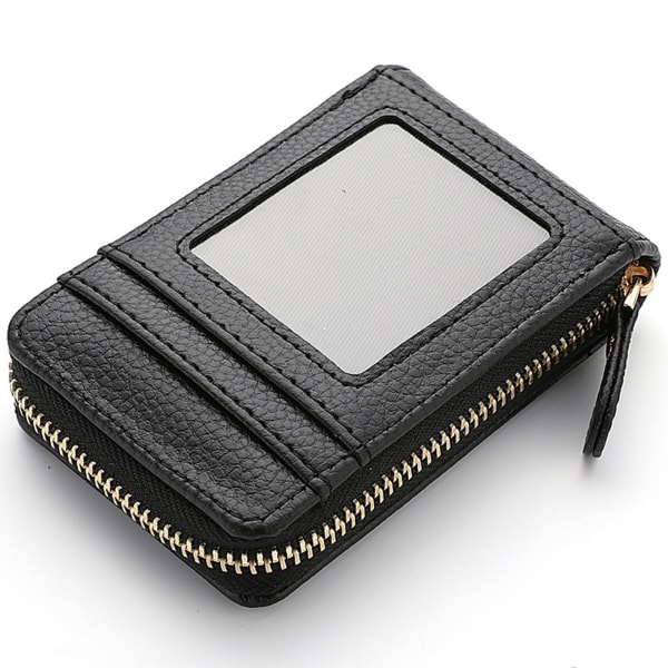 RFID-spärrande case, case för kvinnor med stor kapacitet, litet case i äkta läder med avtagbar nyckelbricka ID Svart