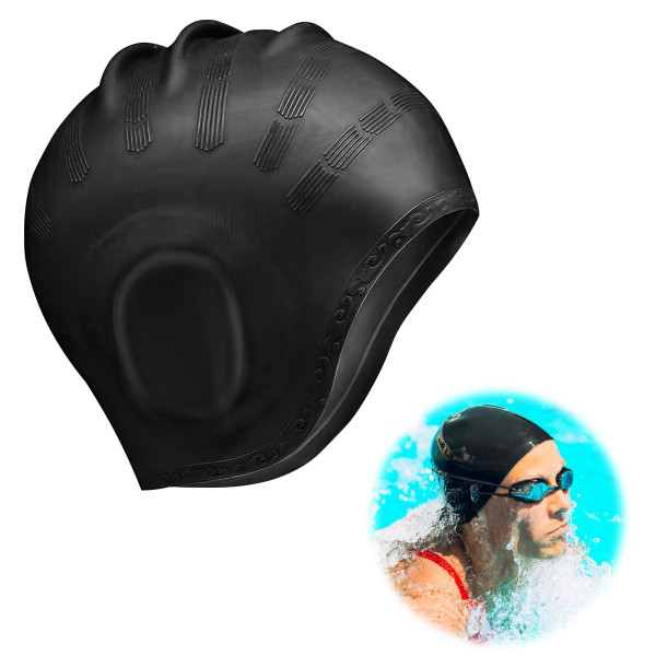 3D cap: vattentät silikonhörselskydd för män, kvinnor och barn, perfekt för kort och långt hår, perfekt cap för pool och strand black