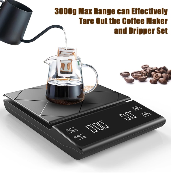Digital kaffevåg med timer upp till 3 kg/0,1 g, batteridriven espressovåg med LED-pekskärm (batterier ingår ej) Svart
