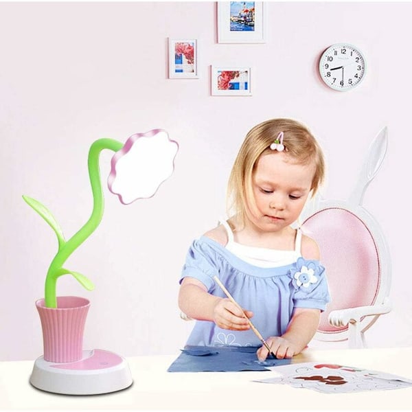 Børnelampe, LED-skrivebordslampe, dæmpbar sengelampe med berøringssensor, læselampe med penholder, USB-genopladelig børnelampe (pink)