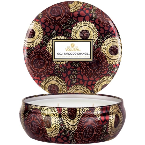 Voluspa 3-Wick Candle Decorative Tin Goji Tarocco Orange 340g Rött guld